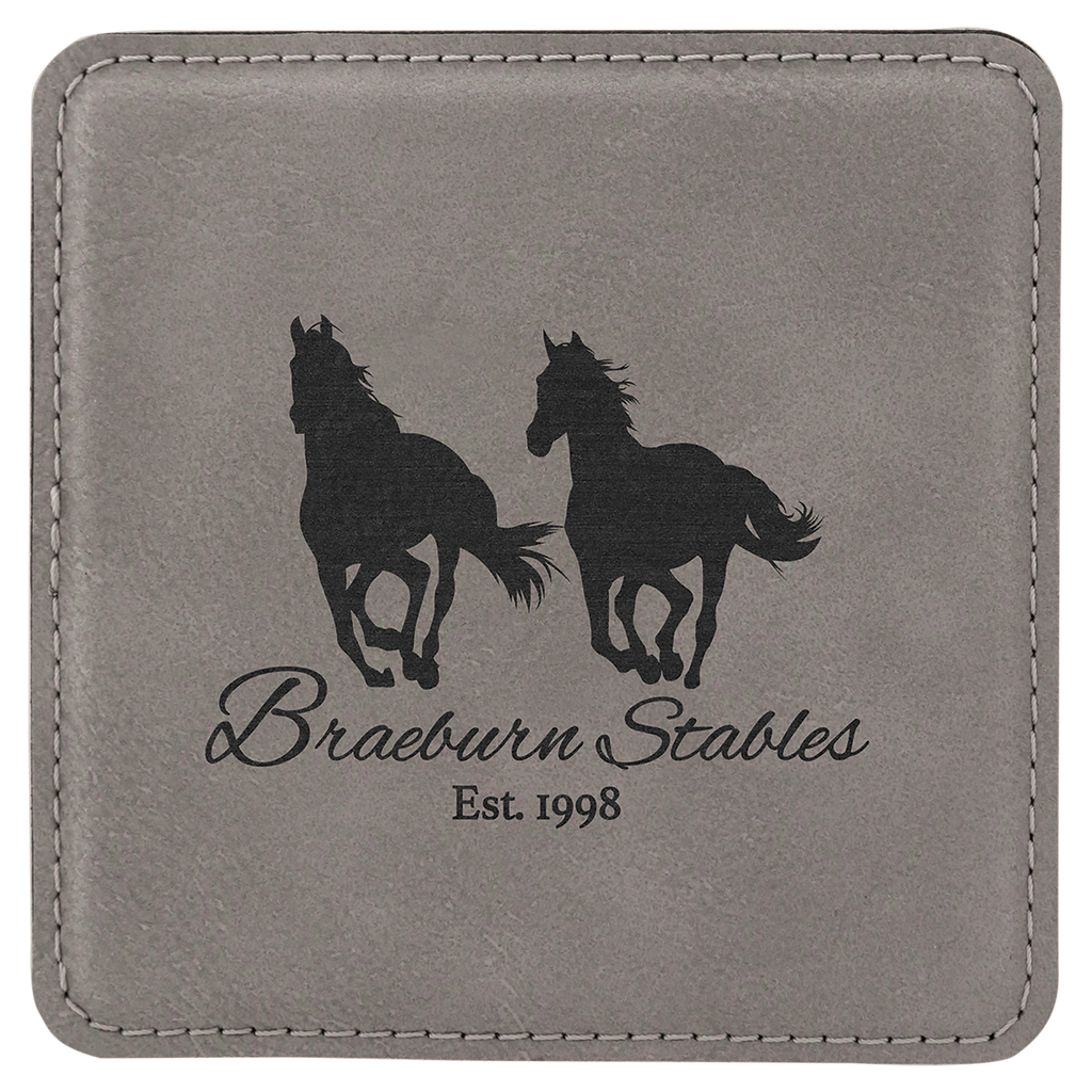 Engraved Square Leatherette Coaster Set | Set of 6 with Holder