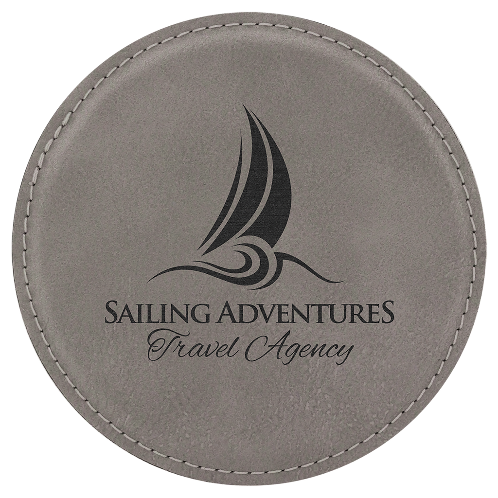 Engraved Round Leatherette Coaster Set | Set of 6 with Holder
