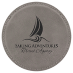 Engraved Round Leatherette Coaster Set | Set of 6 with Holder