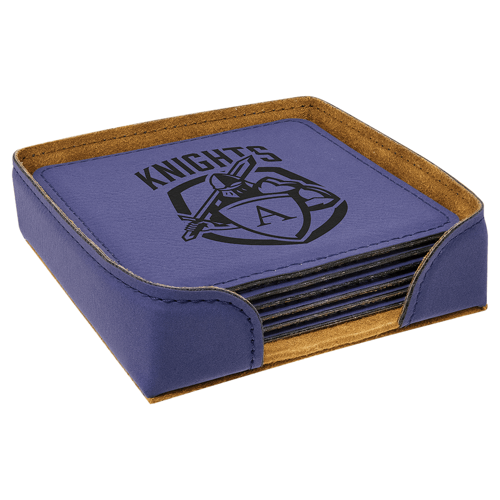 Engraved Square Leatherette Coaster Set | Set of 6 with Holder