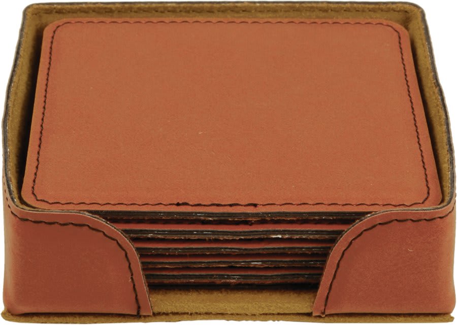 Engraved Square Leatherette Coaster Set | Set of 6 with Holder