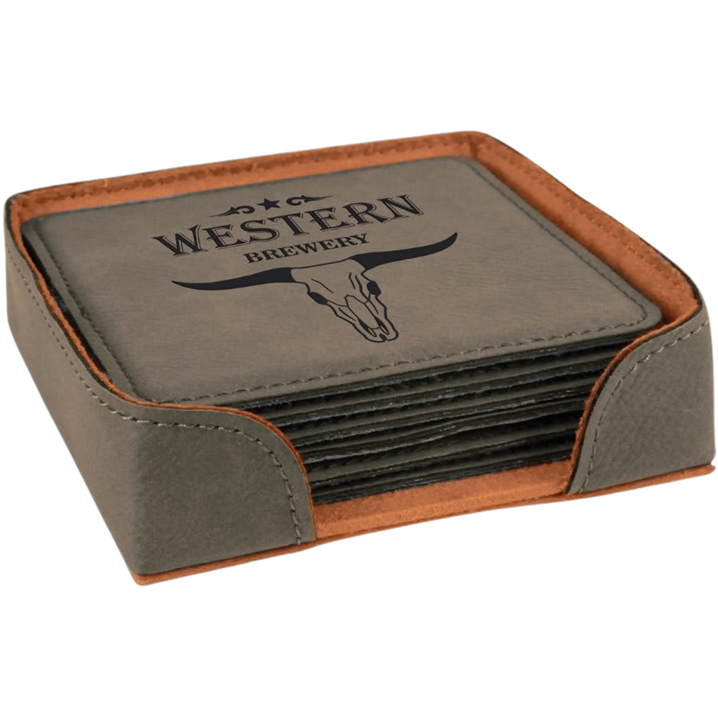 Engraved Square Leatherette Coaster Set | Set of 6 with Holder