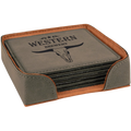 Engraved Square Leatherette Coaster Set | Set of 6 with Holder