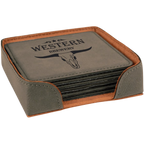 Engraved Square Leatherette Coaster Set | Set of 6 with Holder