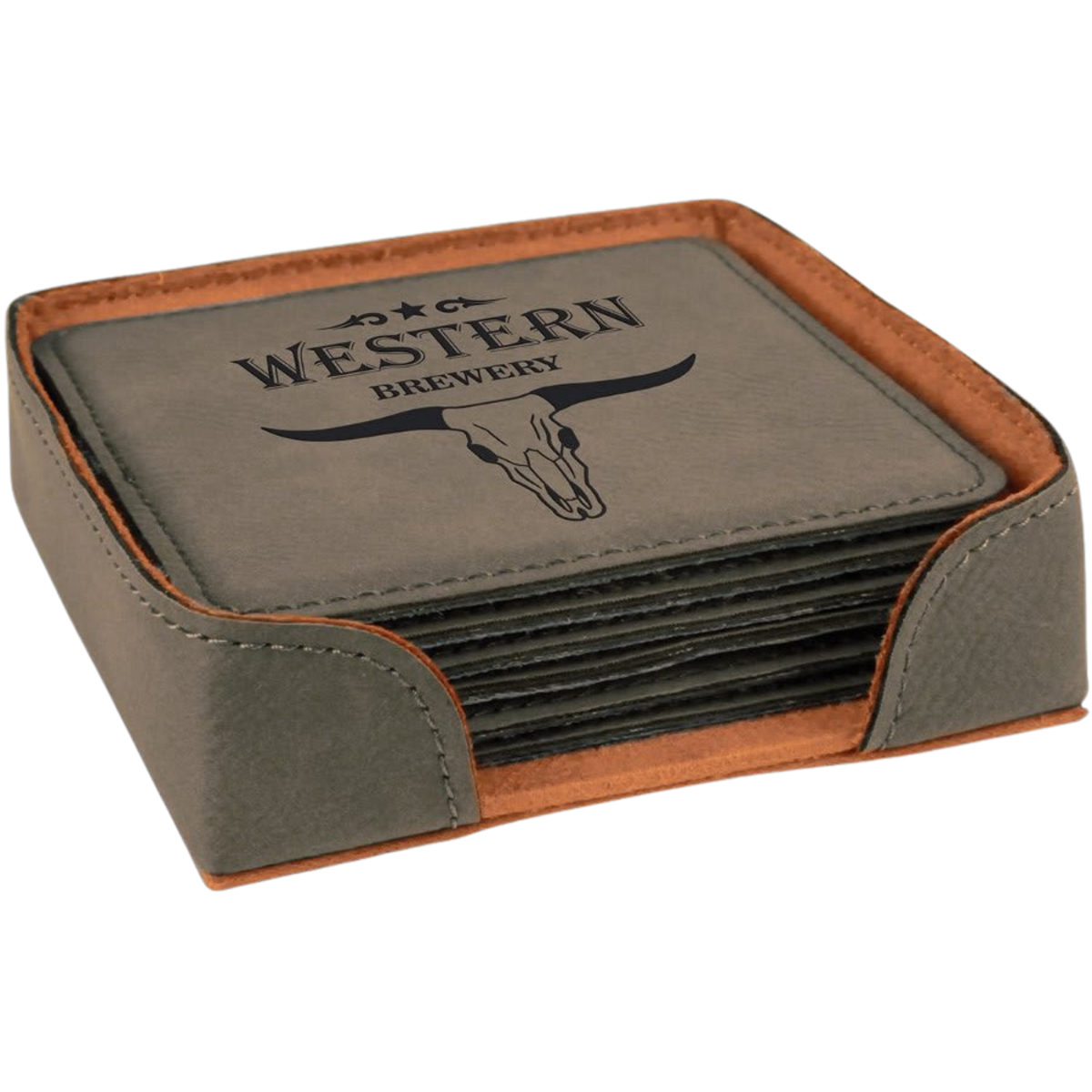 Engraved Square Leatherette Coaster Set | Set of 6 with Holder