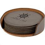 Engraved Round Leatherette Coaster Set | Set of 6 with Holder