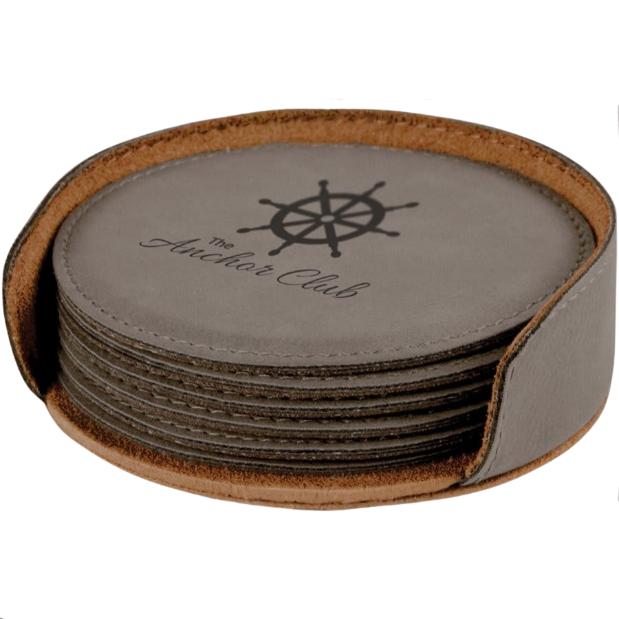 Engraved Round Leatherette Coaster Set | Set of 6 with Holder