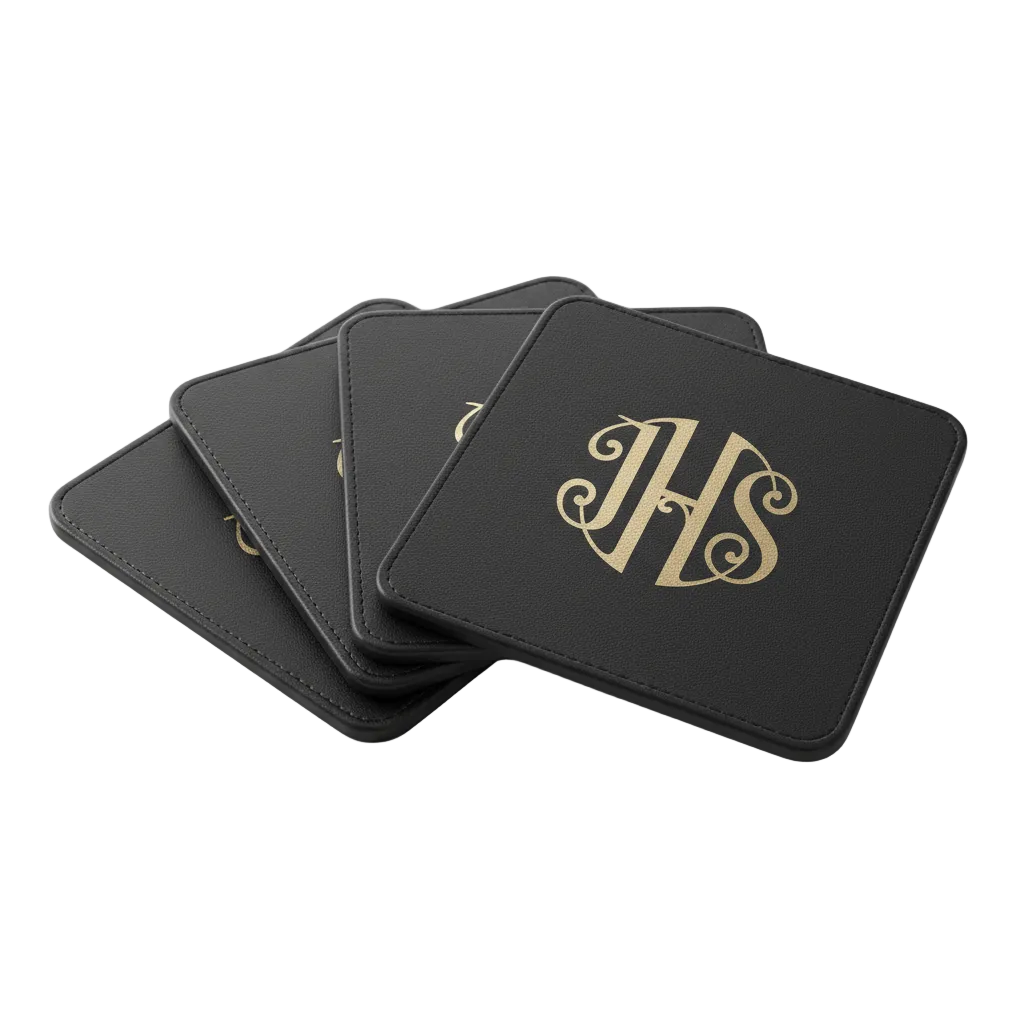 Set of 4 custom engraved square leatherette coasters in black